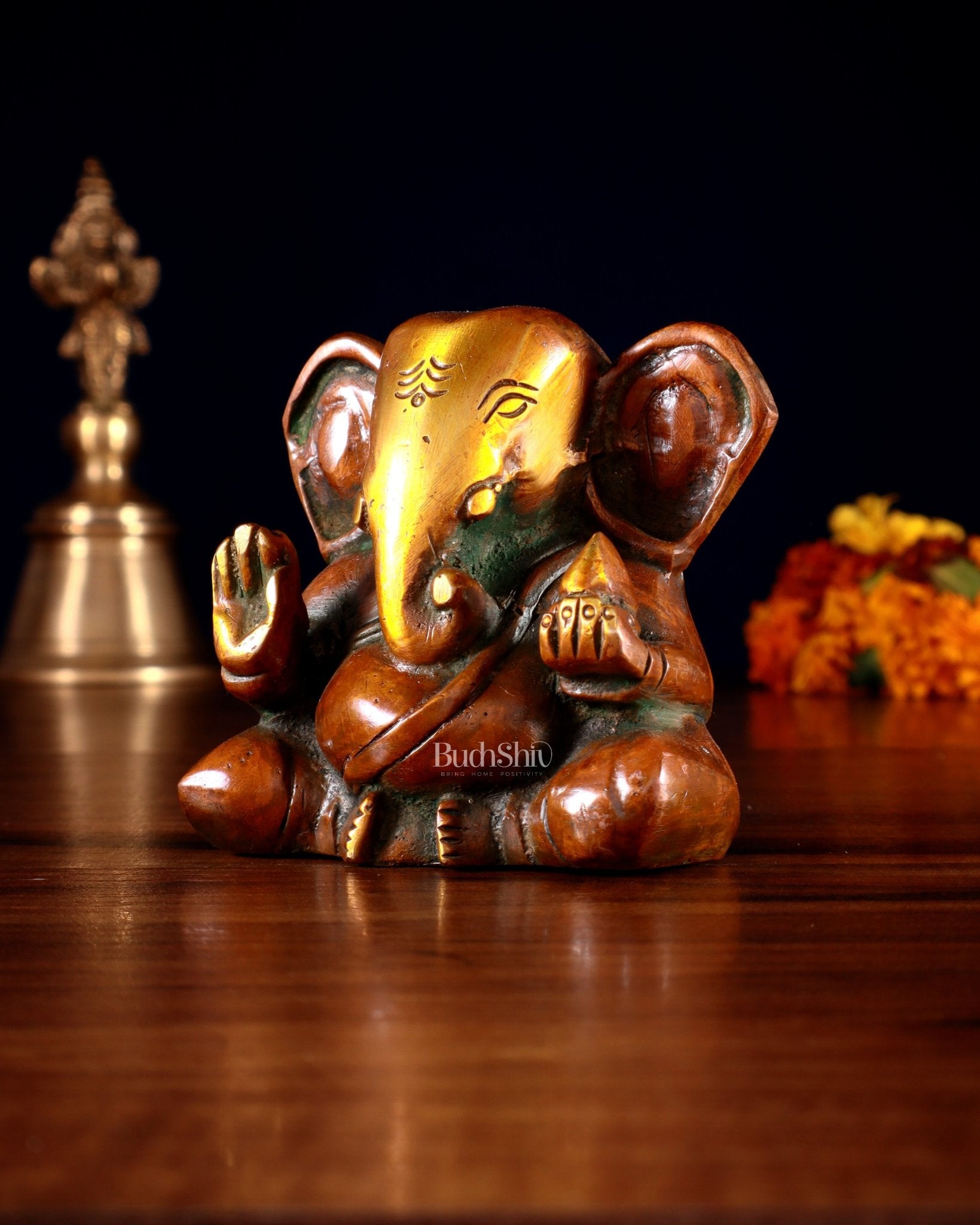 Brass Miniature Appu Ganesh Idol with Big Ears 3" orange gold - Budhshiv.com