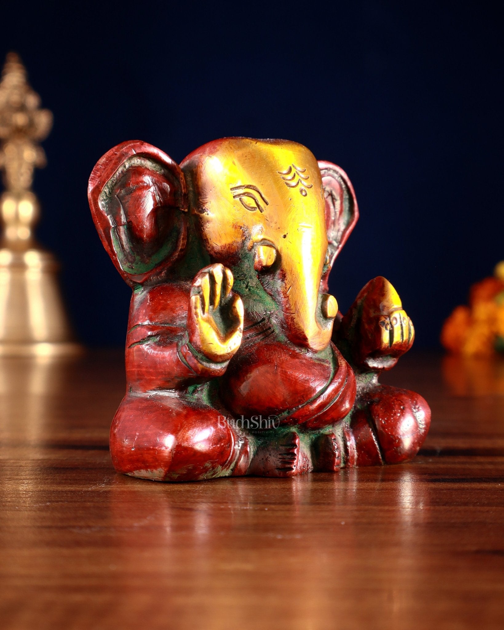 Brass Miniature Appu Ganesh Idol with Big Ears 3" red tone - Budhshiv.com