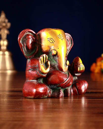 Brass Miniature Appu Ganesh Idol with Big Ears 3" red tone - Budhshiv.com