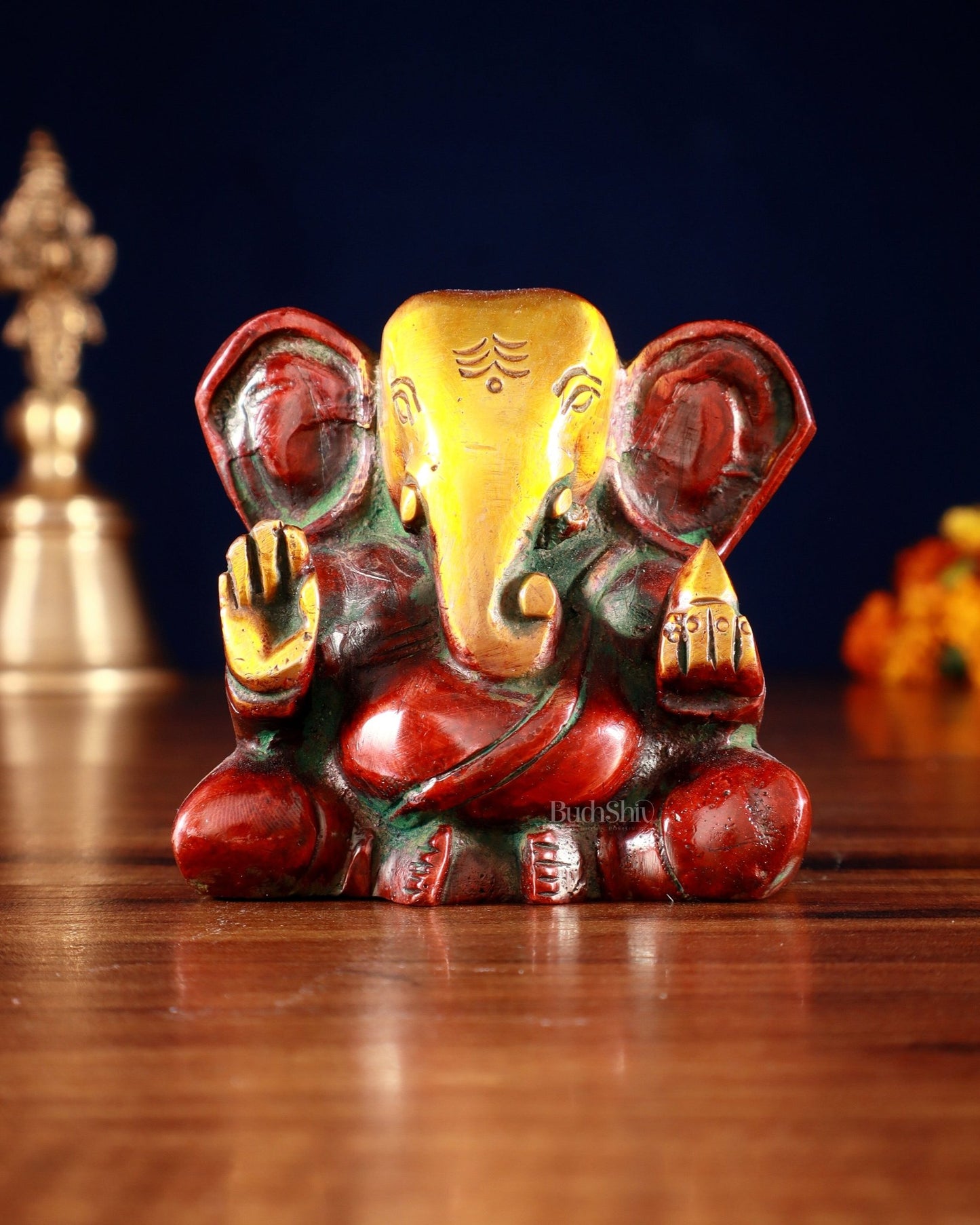 Brass Miniature Appu Ganesh Idol with Big Ears 3" red tone - Budhshiv.com