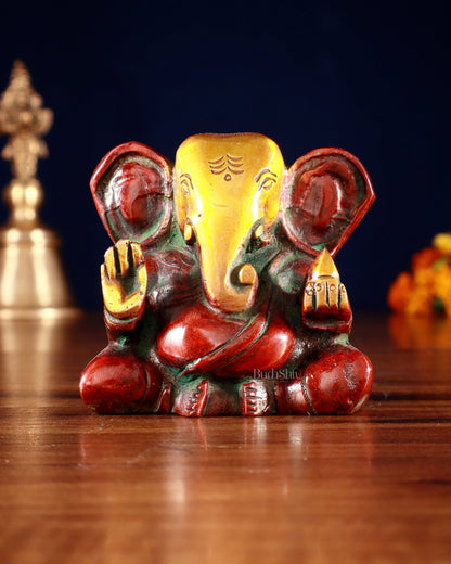 Brass Miniature Appu Ganesh Idol with Big Ears 3" red tone - Budhshiv.com