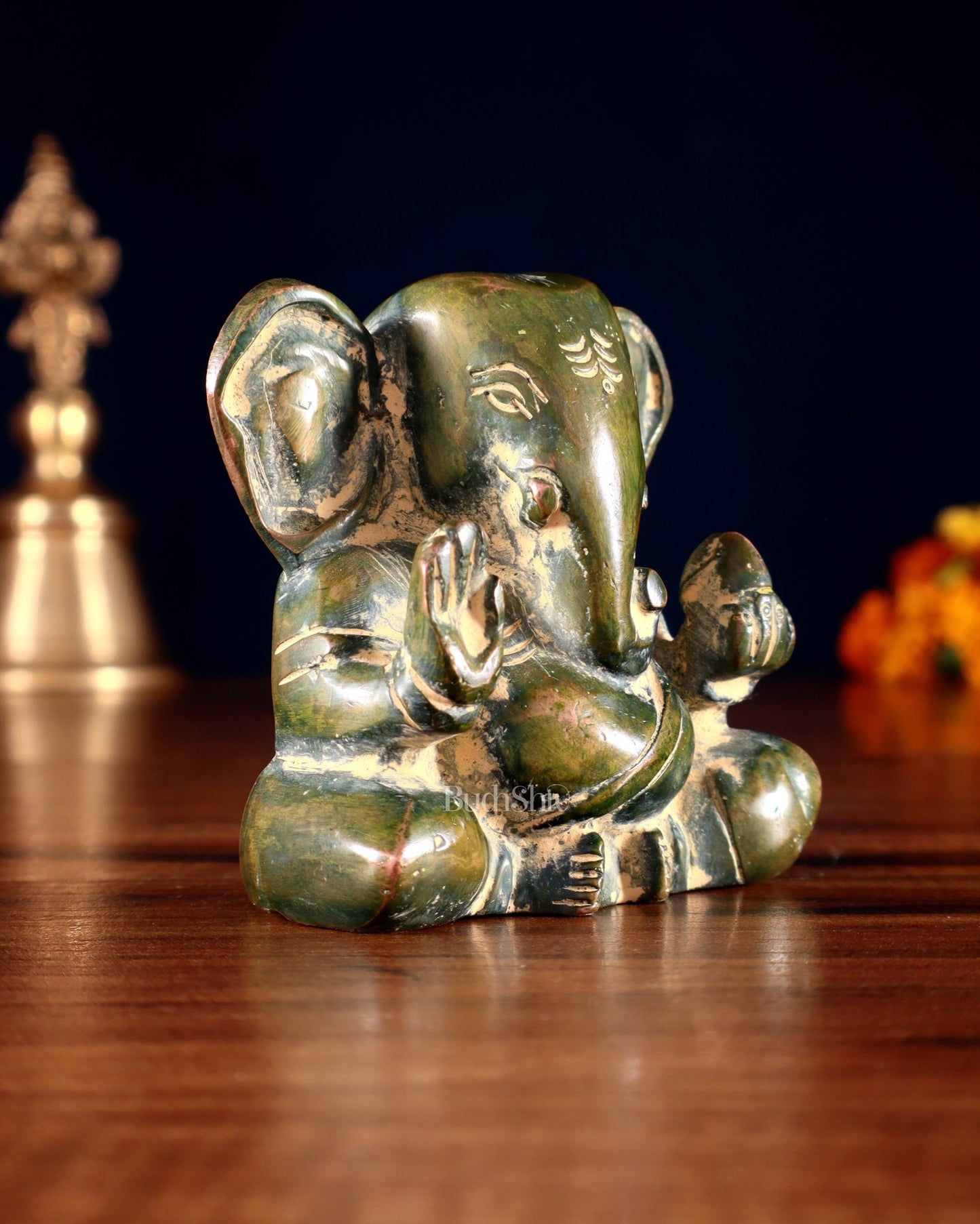 Brass Miniature Appu Ganesh Idol with Big Ears 3" Sandfinish - Budhshiv.com