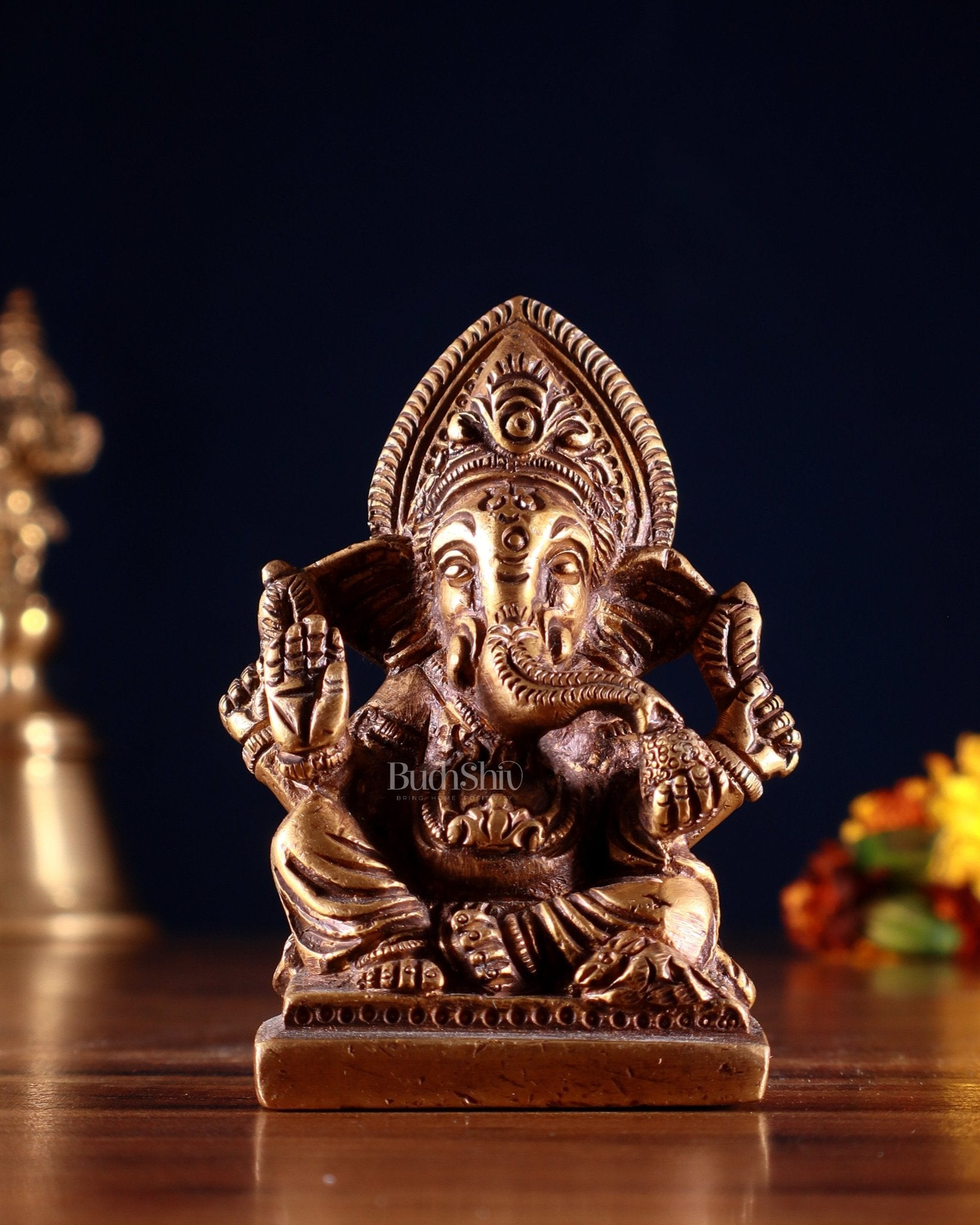 Brass Miniature Ganesha Idol 3.5" antique tone - Budhshiv.com
