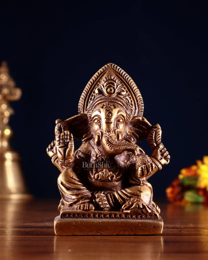 Brass Miniature Ganesha Idol 3.5" antique tone - Budhshiv.com