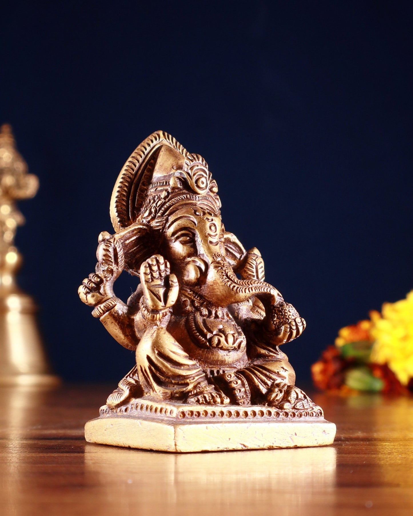 Brass Miniature Ganesha Idol 3.5" antique tone - Budhshiv.com