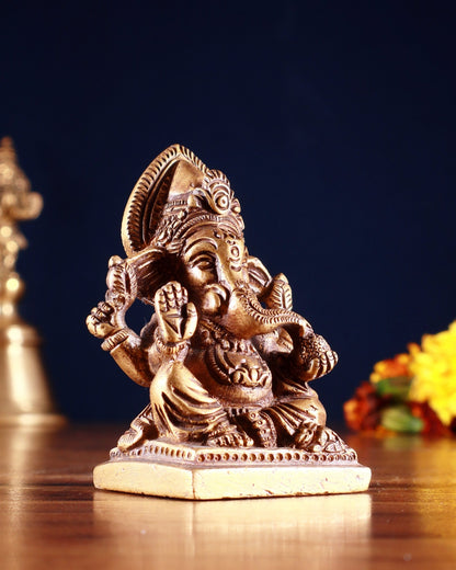Brass Miniature Ganesha Idol 3.5" antique tone - Budhshiv.com