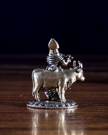Brass Miniature Krishna with Cow Idol | Superfine Small Murti | 1.4 Inch - Budhshiv.com