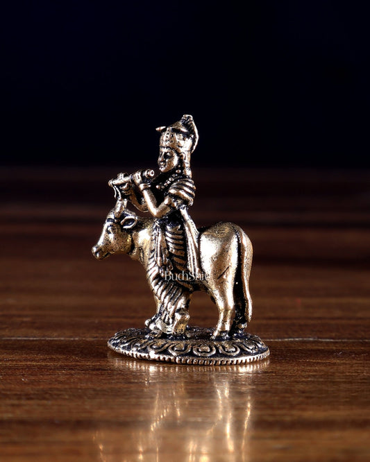 Brass Miniature Krishna with Cow Idol | Superfine Small Murti | 1.4 Inch - Budhshiv.com