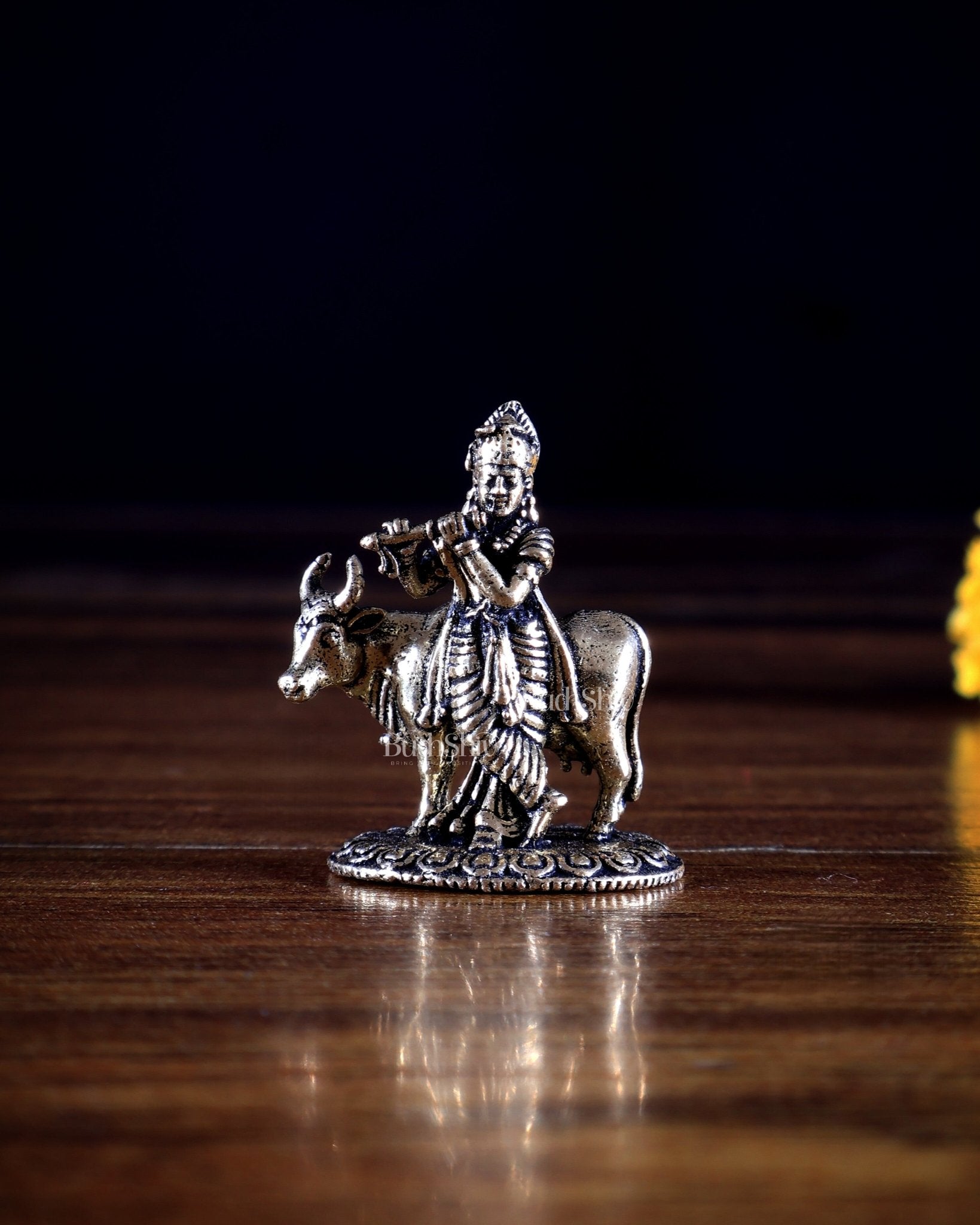 Brass Miniature Krishna with Cow Idol | Superfine Small Murti | 1.4 Inch - Budhshiv.com