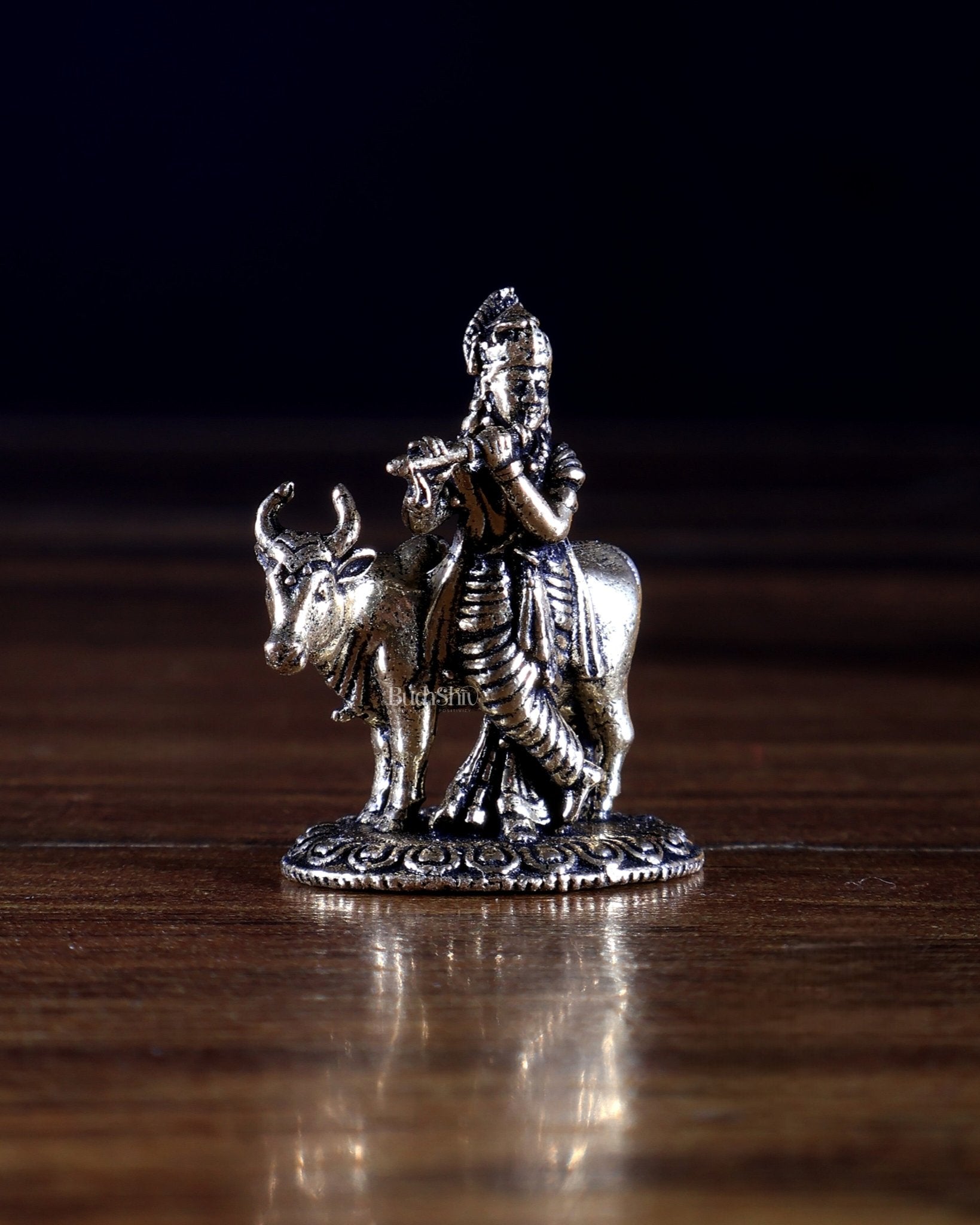Brass Miniature Krishna with Cow Idol | Superfine Small Murti | 1.4 Inch - Budhshiv.com