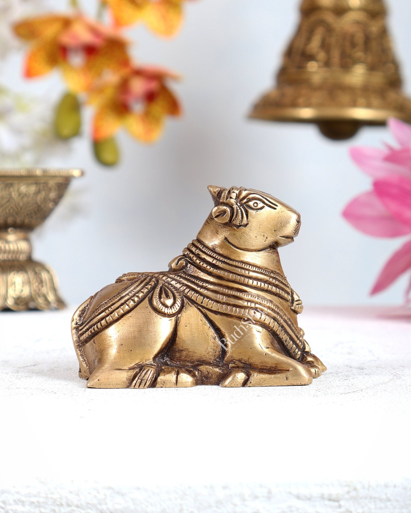 Brass Miniature Nandi Statue – Handcrafted Sacred Bull of Lord Shiva 3 inch antique tone - Budhshiv.com
