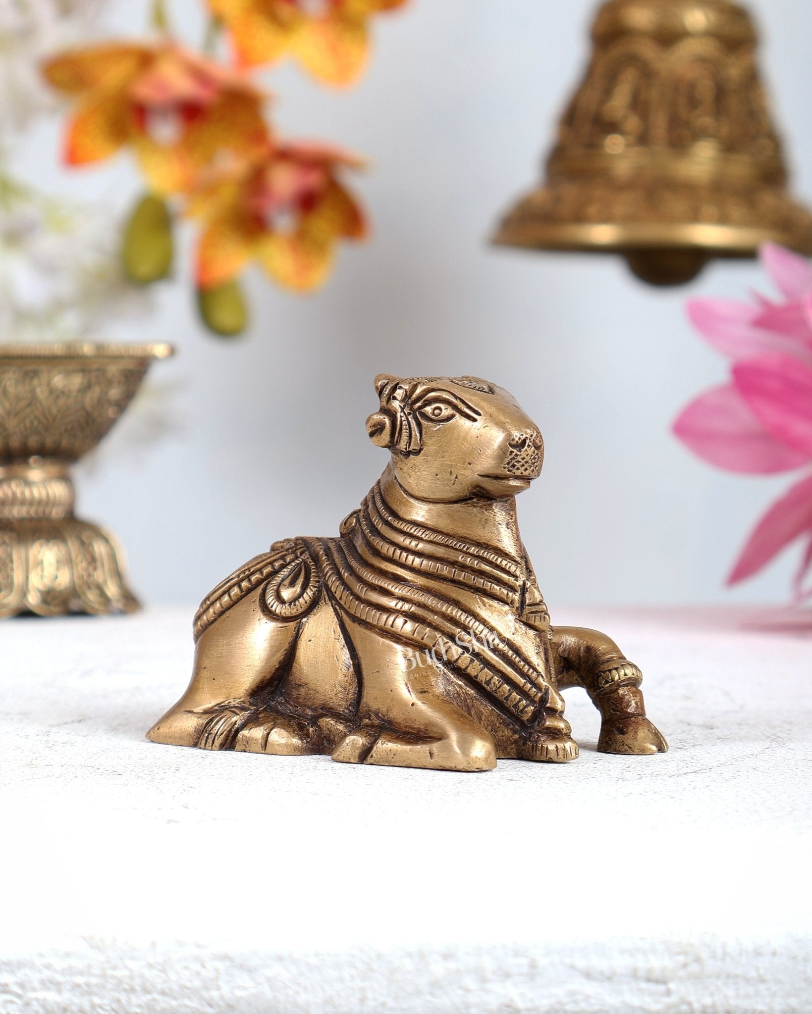 Brass Miniature Nandi Statue – Handcrafted Sacred Bull of Lord Shiva 3 inch antique tone - Budhshiv.com