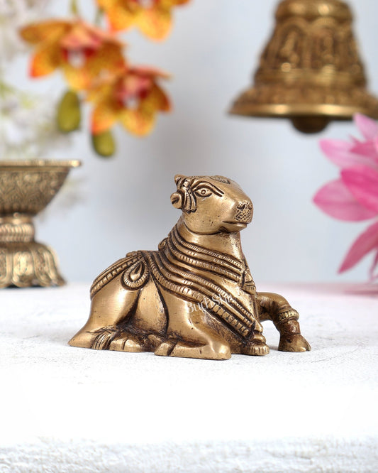 Brass Miniature Nandi Statue – Handcrafted Sacred Bull of Lord Shiva 3 inch antique tone - Budhshiv.com