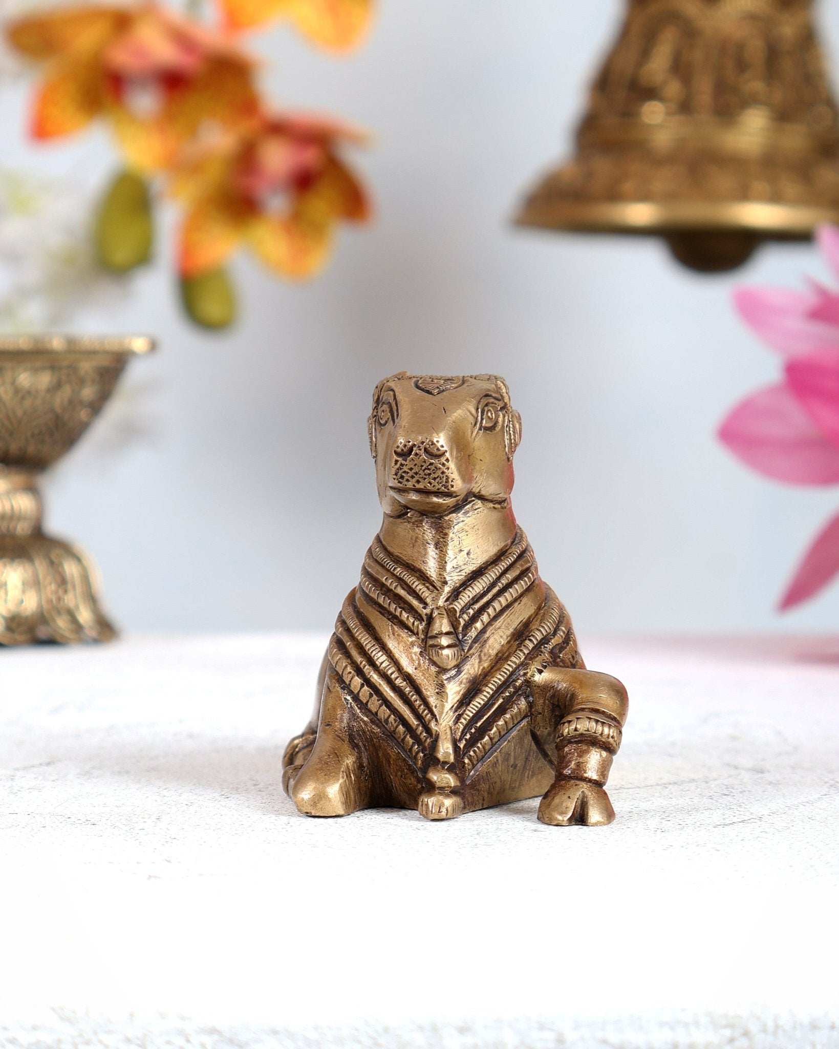 Brass Miniature Nandi Statue – Handcrafted Sacred Bull of Lord Shiva 3 inch antique tone - Budhshiv.com
