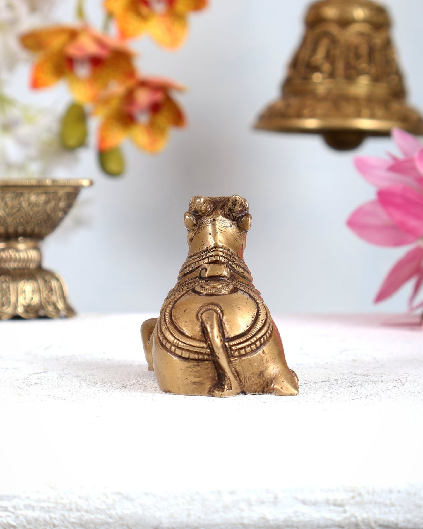 Brass Miniature Nandi Statue – Handcrafted Sacred Bull of Lord Shiva 3 inch antique tone - Budhshiv.com
