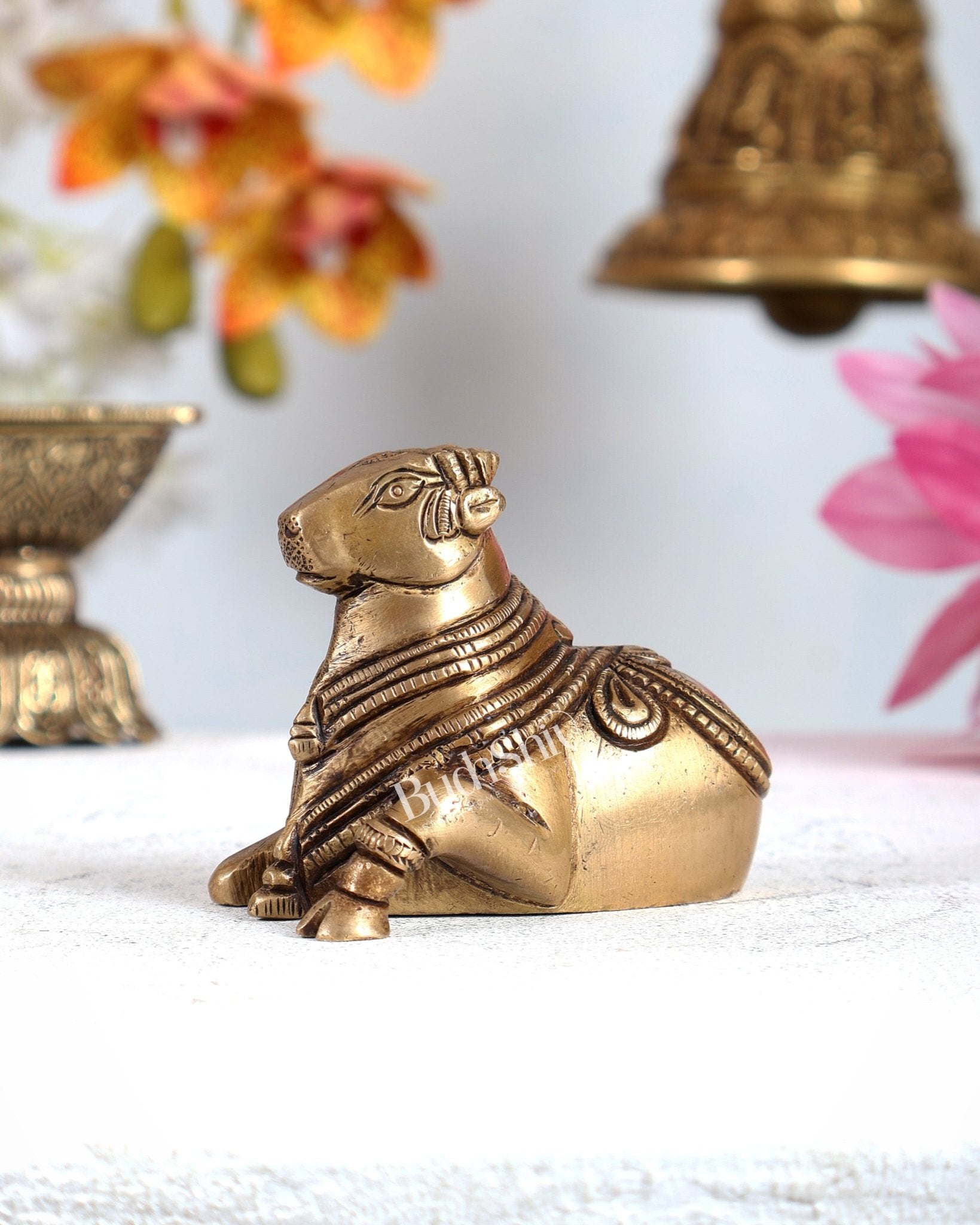 Brass Miniature Nandi Statue – Handcrafted Sacred Bull of Lord Shiva 3 inch antique tone - Budhshiv.com
