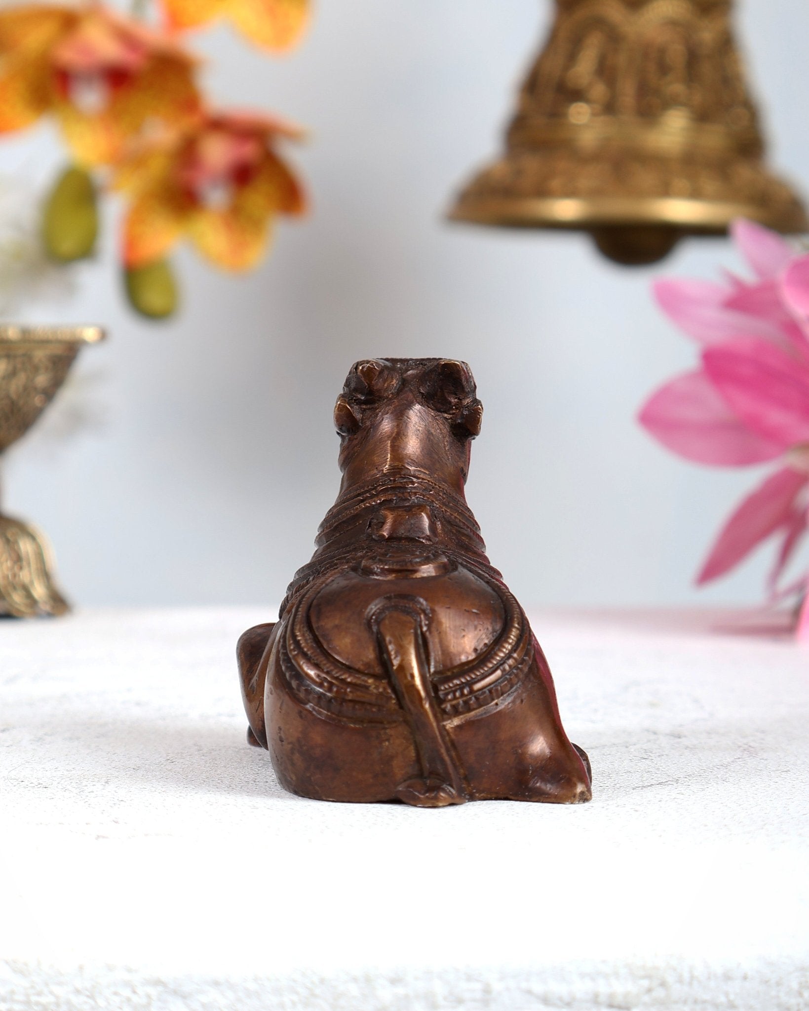 Brass Miniature Nandi Statue – Handcrafted Sacred Bull of Lord Shiva 3 inch copper tone - Budhshiv.com