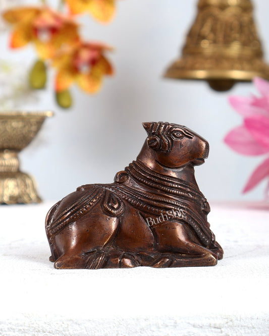 Brass Miniature Nandi Statue – Handcrafted Sacred Bull of Lord Shiva 3 inch copper tone - Budhshiv.com