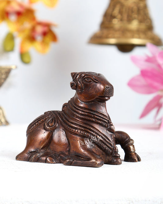 Brass Miniature Nandi Statue – Handcrafted Sacred Bull of Lord Shiva 3 inch copper tone - Budhshiv.com