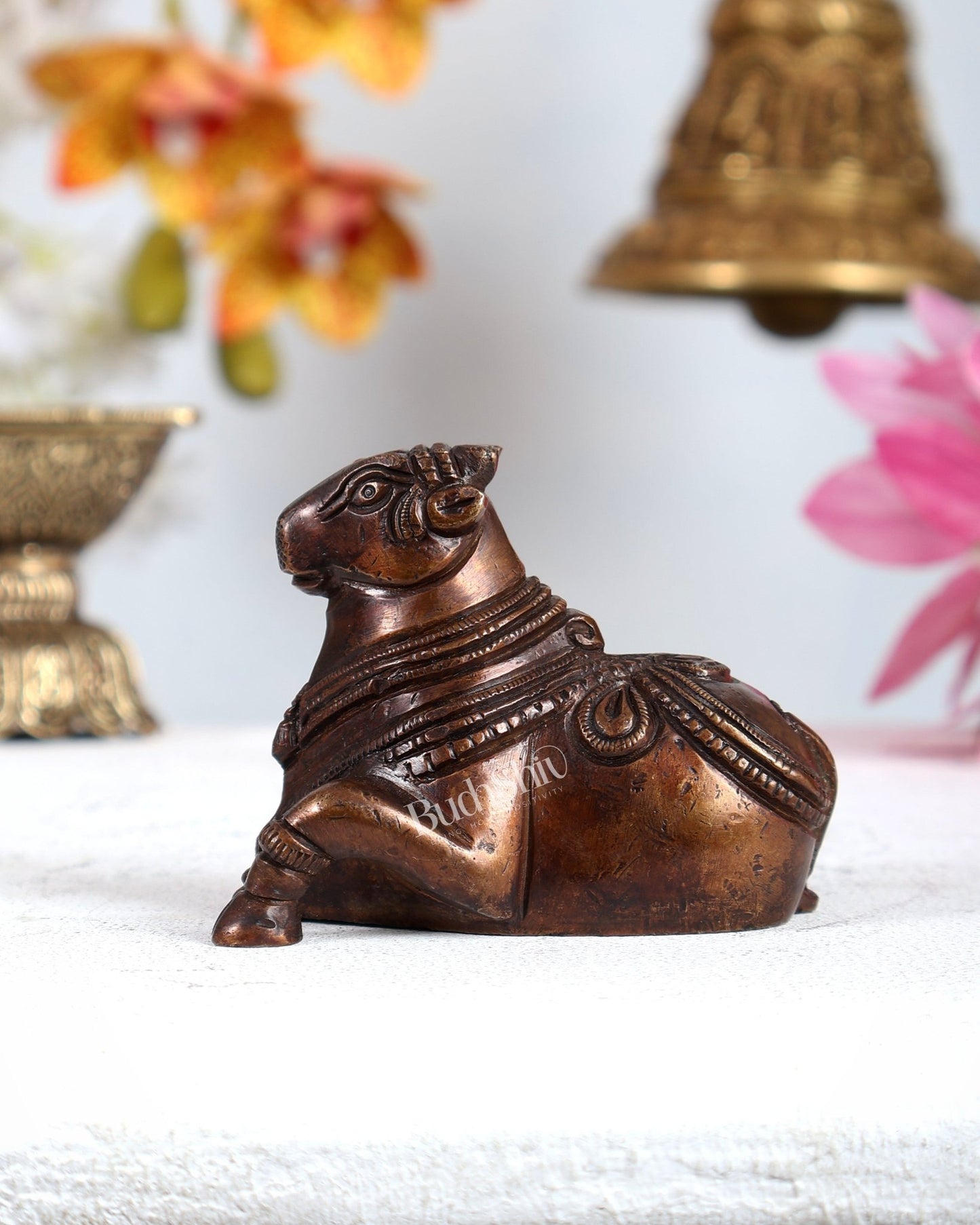 Brass Miniature Nandi Statue – Handcrafted Sacred Bull of Lord Shiva 3 inch copper tone - Budhshiv.com