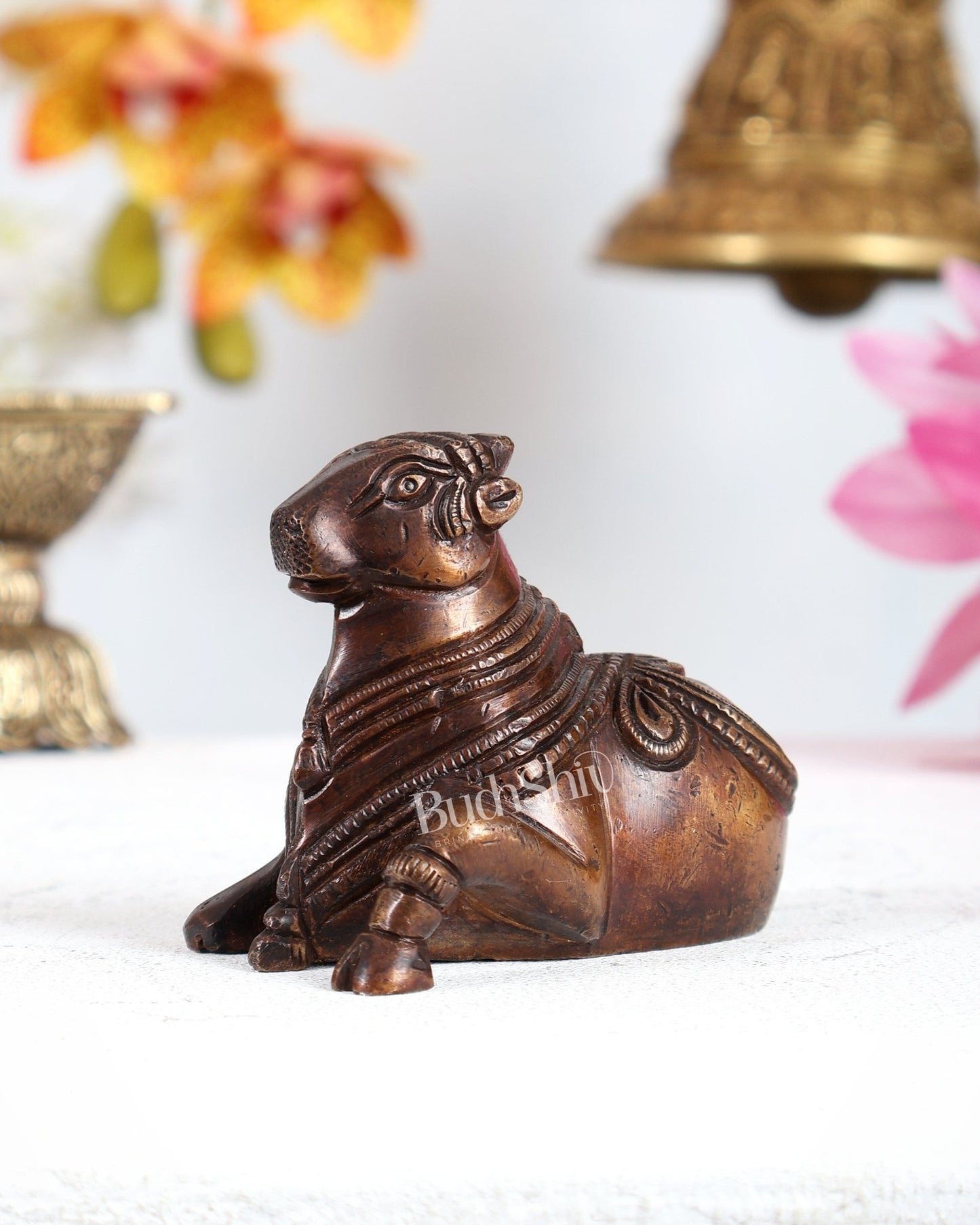 Brass Miniature Nandi Statue – Handcrafted Sacred Bull of Lord Shiva 3 inch copper tone - Budhshiv.com