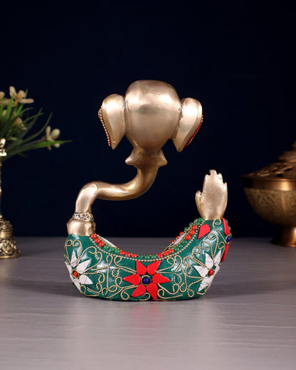 Brass Modern Ganesha Idol | 6" Height | floral Stonework - Budhshiv.com