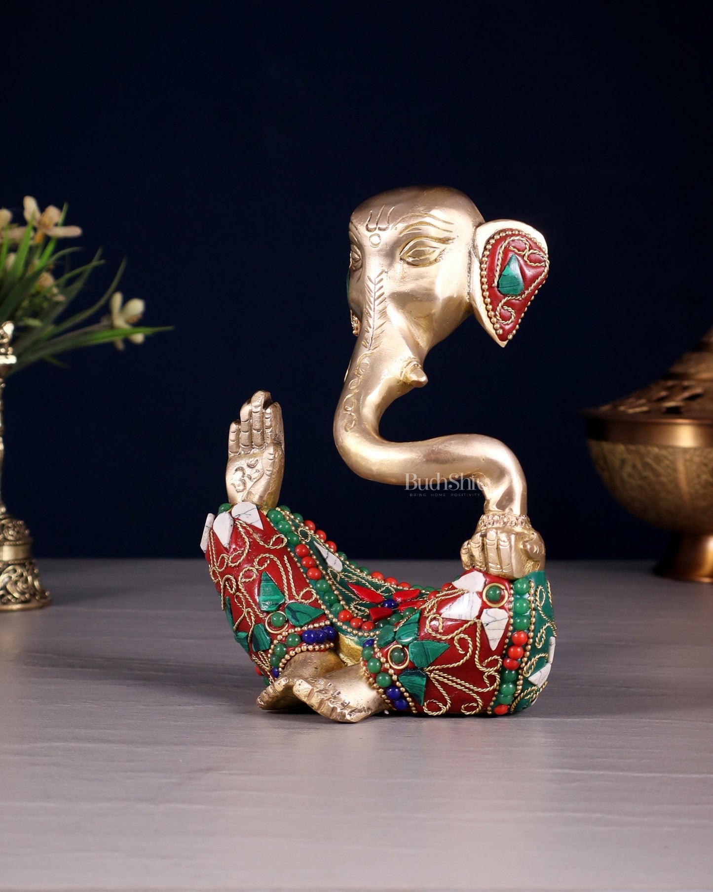 Brass Modern Ganesha Idol | 6" Height | floral Stonework - Budhshiv.com