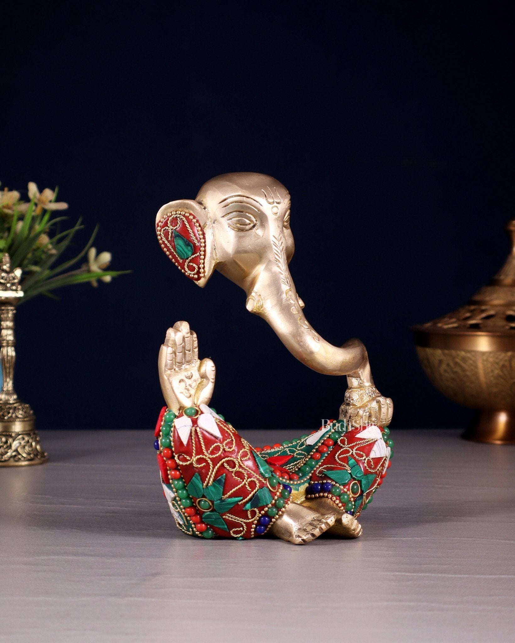 Brass Modern Ganesha Idol | 6" Height | floral Stonework - Budhshiv.com