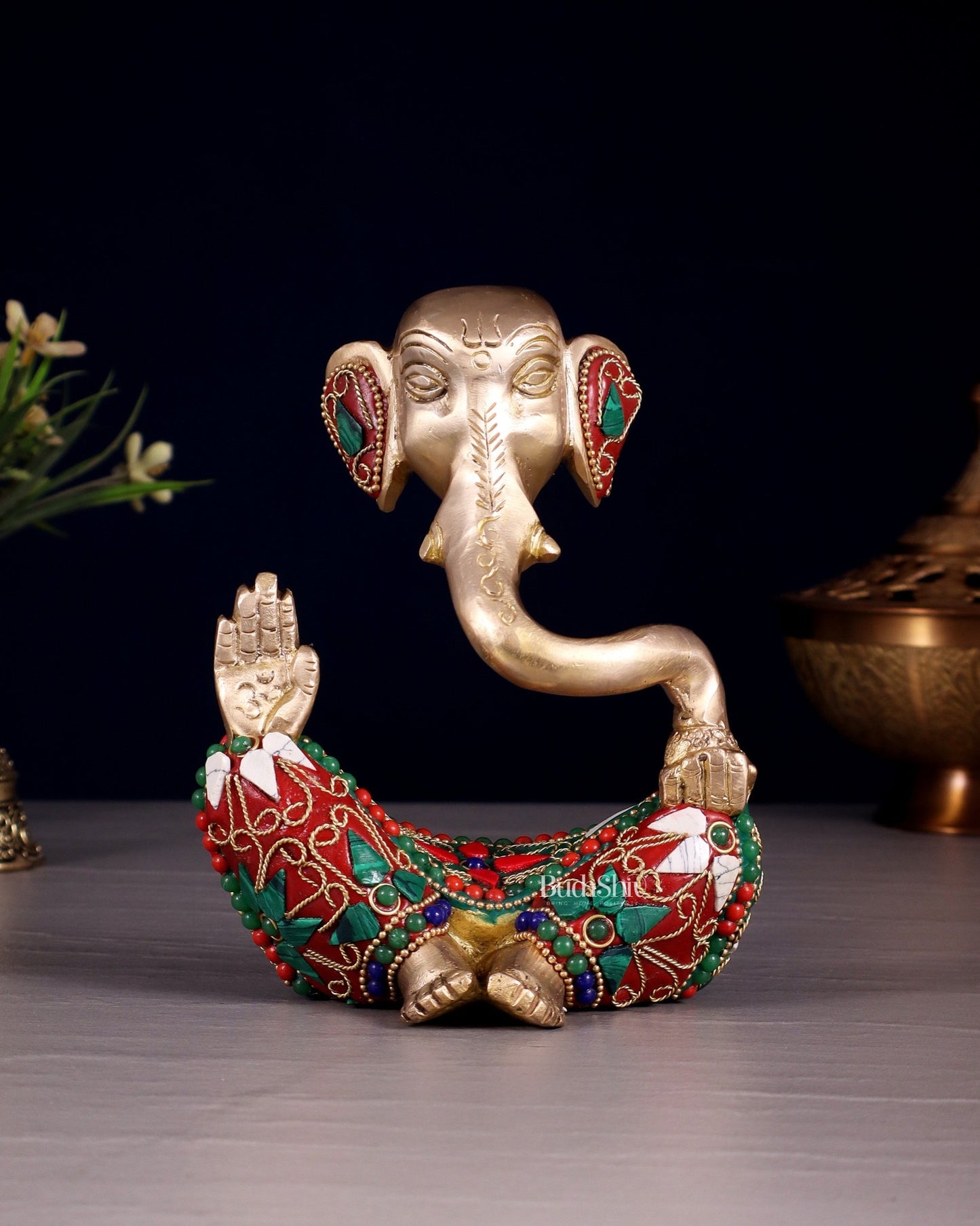 Brass Modern Ganesha Idol | 6" Height | floral Stonework - Budhshiv.com