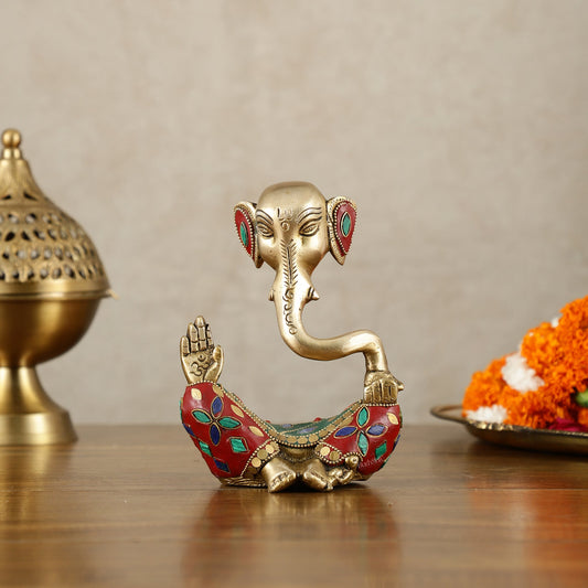Brass Modern Ganesha Idol | 6" Height | Meenakari Stonework - Budhshiv.com