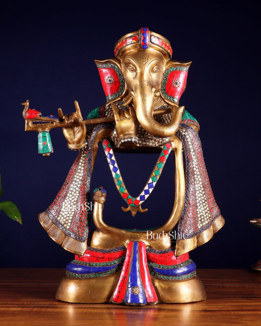 Brass Modern Ganesha playing flute Statue - 20 Inch - Budhshiv.com
