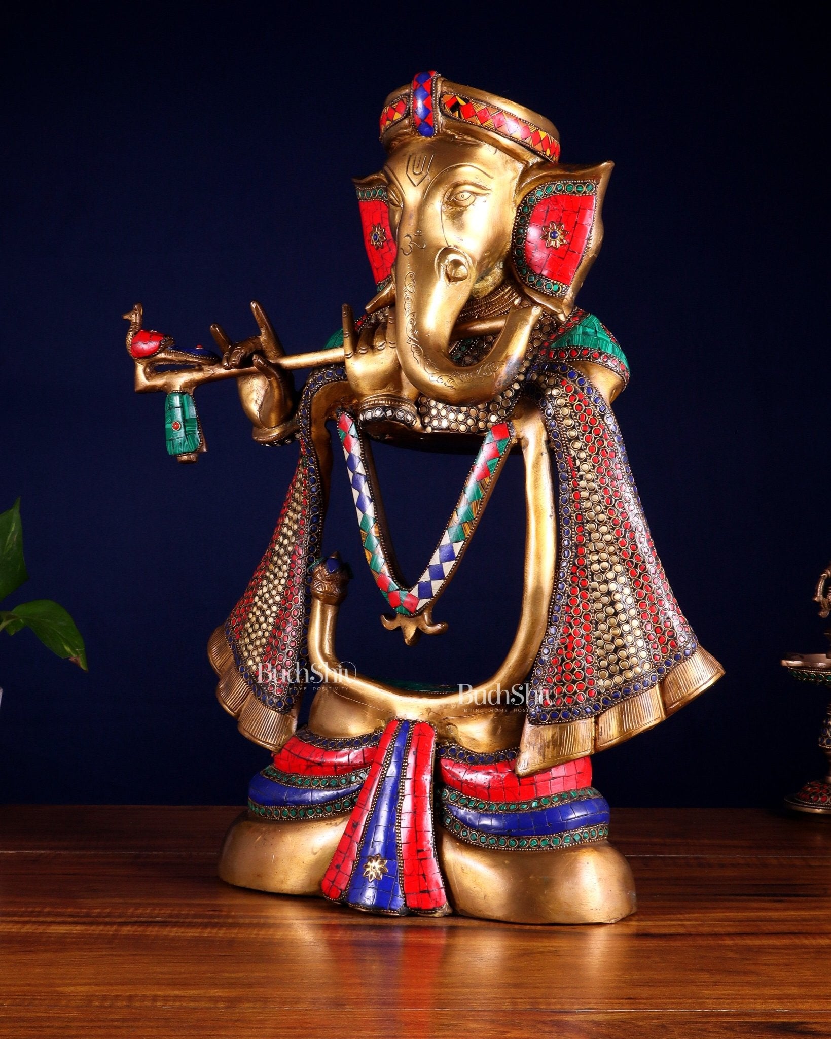 Brass Modern Ganesha playing flute Statue - 20 Inch - Budhshiv.com