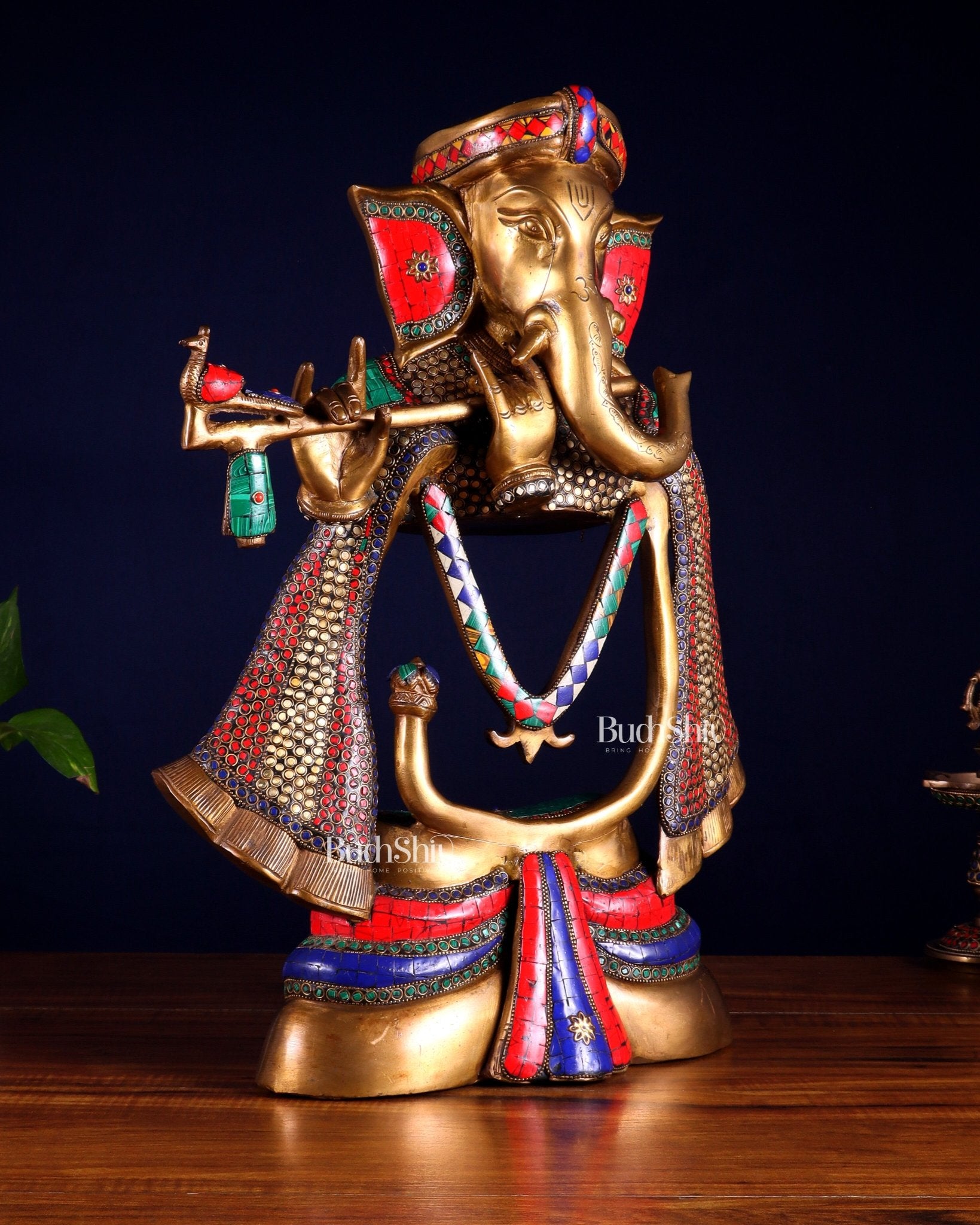 Brass Modern Ganesha playing flute Statue - 20 Inch - Budhshiv.com