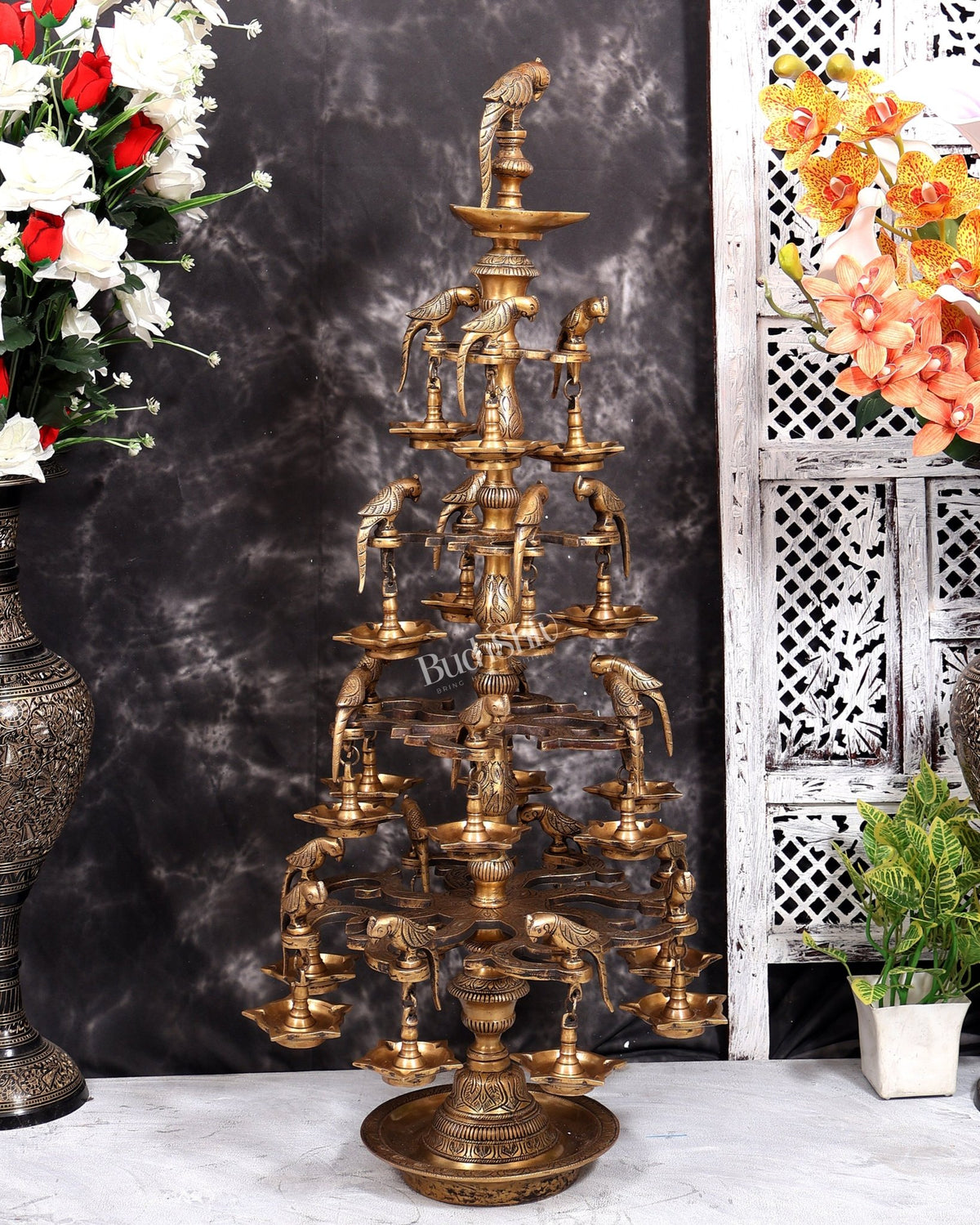 Brass Multi-Layer Parrot Lamp — 108 Diyas, 22 Parrots (Antique Tone) 38 inch - Budhshiv.com