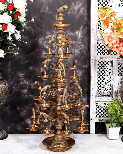 Brass Multi-Layer Parrot Lamp — 108 Diyas, 22 Parrots (Antique Tone) 38 inch - Budhshiv.com