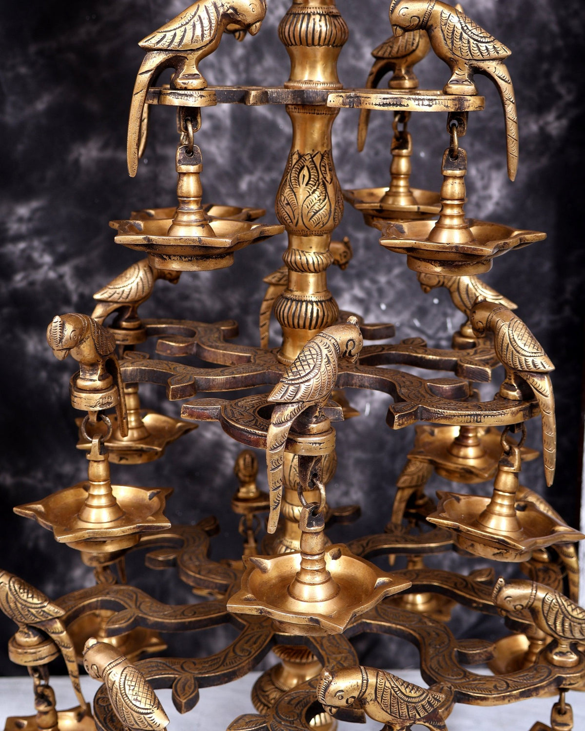 Brass Multi-Layer Parrot Lamp — 108 Diyas, 22 Parrots (Antique Tone) 38 inch - Budhshiv.com