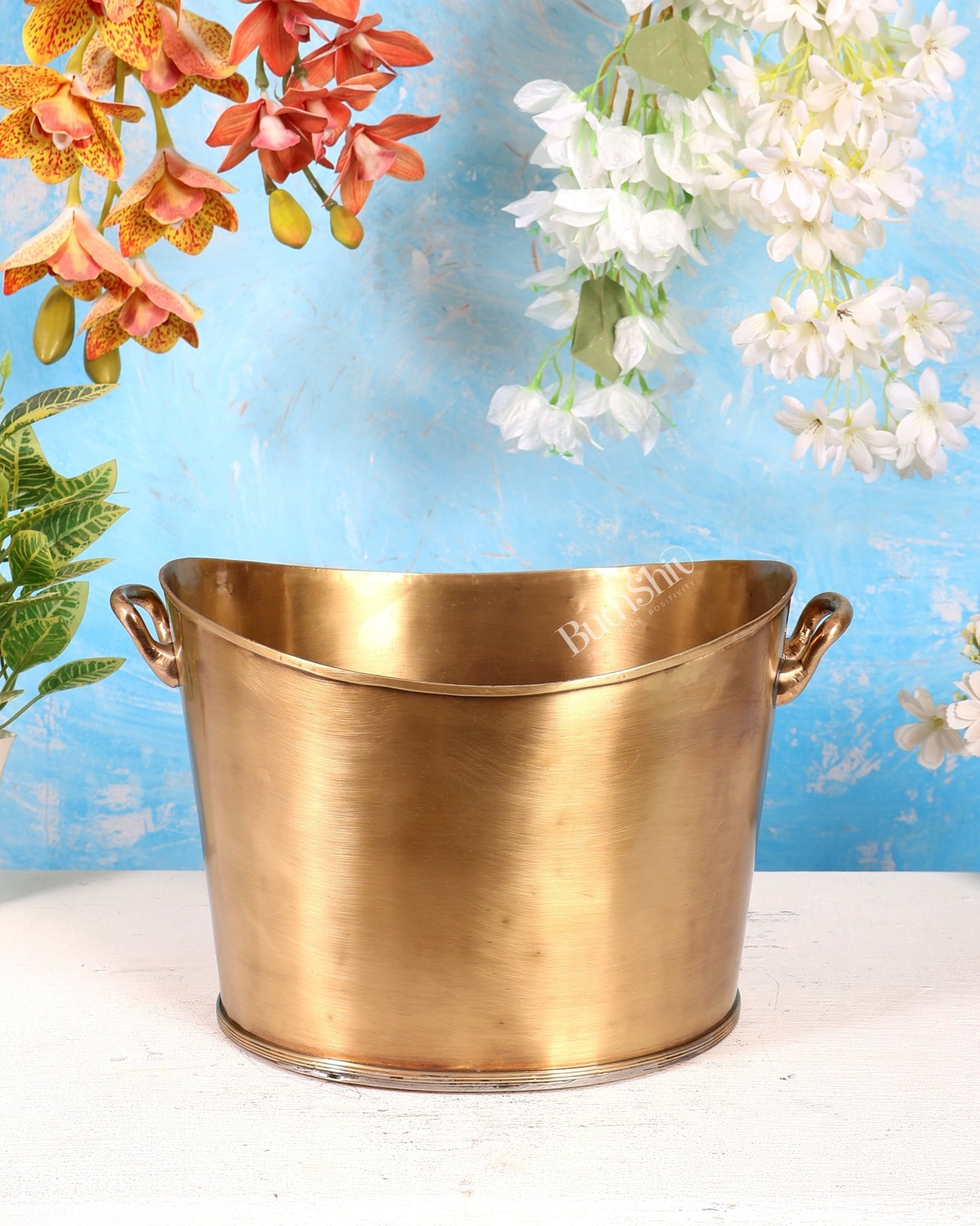 Brass Multipurpose Flower & Fruit Bowl – Lightweight Antique Tone Decorative Bowl (13 Inches) - Budhshiv.com