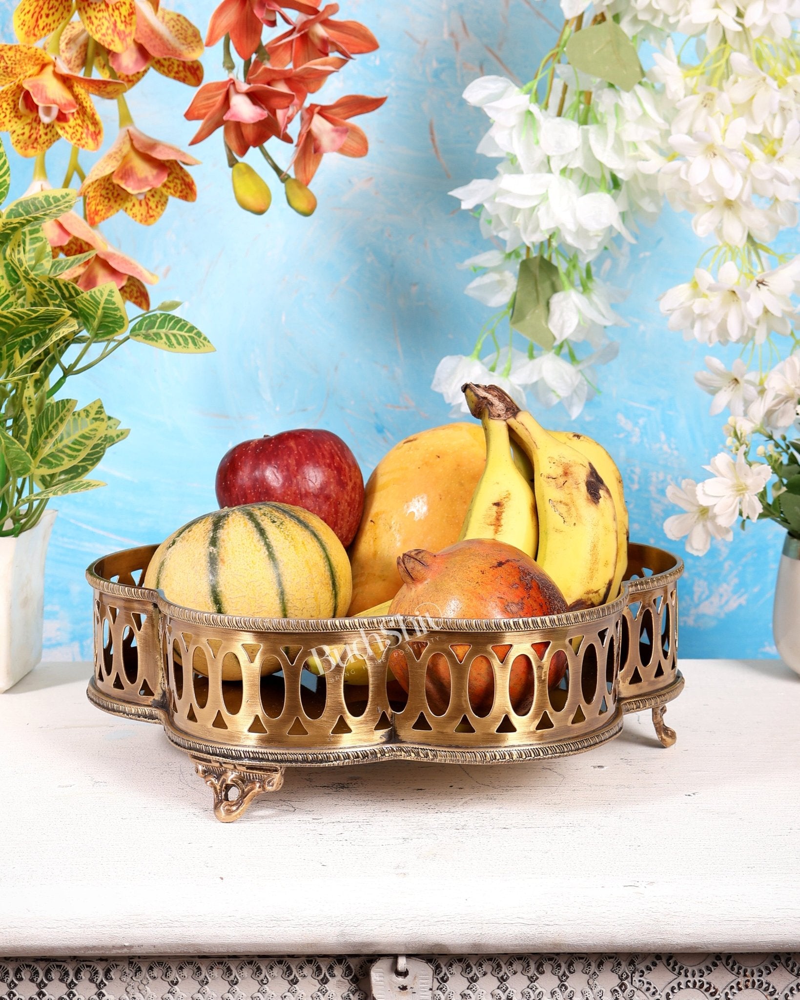 Brass Multipurpose Tray – Lightweight Antique Tone Decorative Serving Tray (11.9 Inches) - Budhshiv.com
