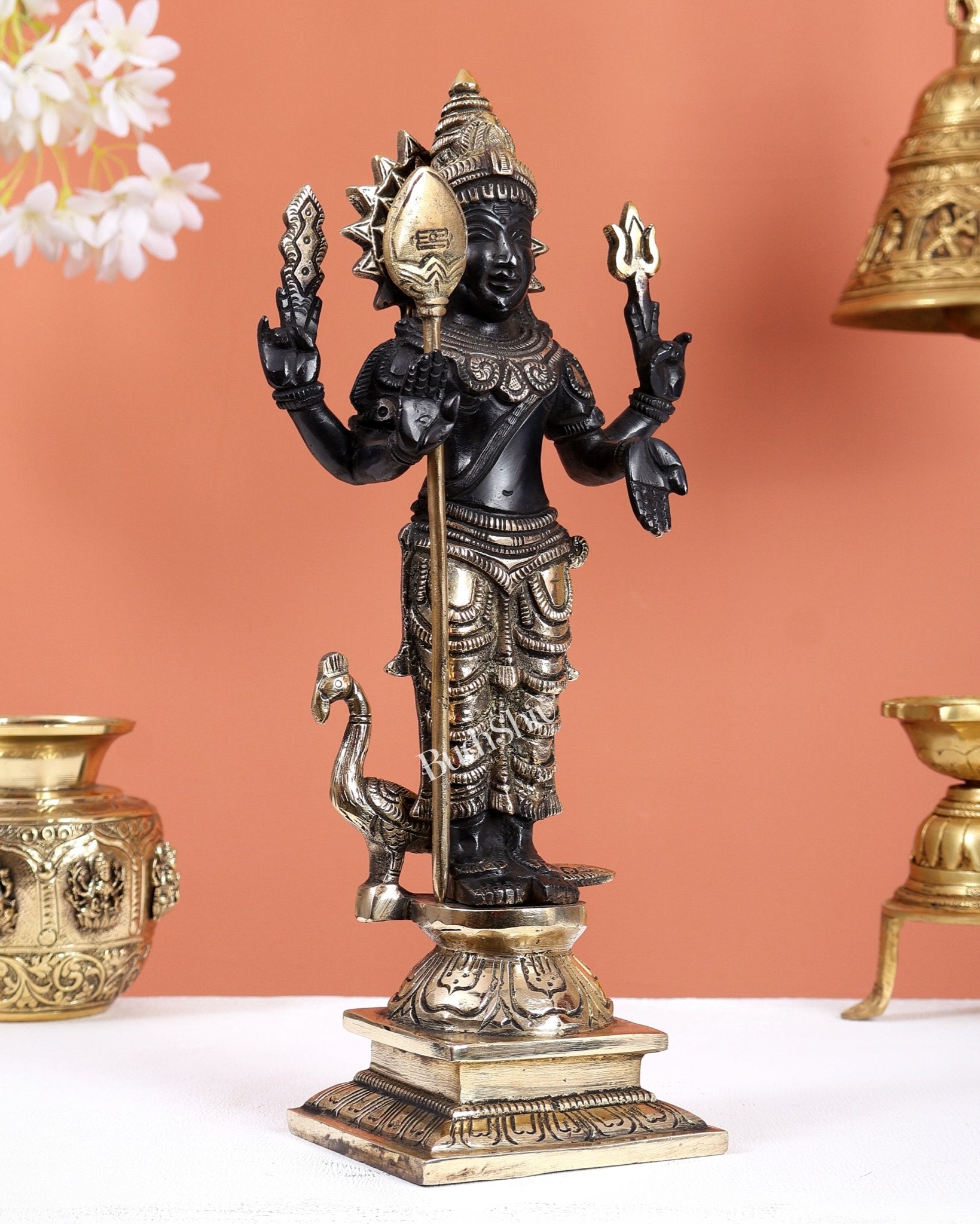 Brass Murugan Kartikeya Kumaraswamy Idol – Black Tone Finish Divine Statue (12 Inches) - Budhshiv.com