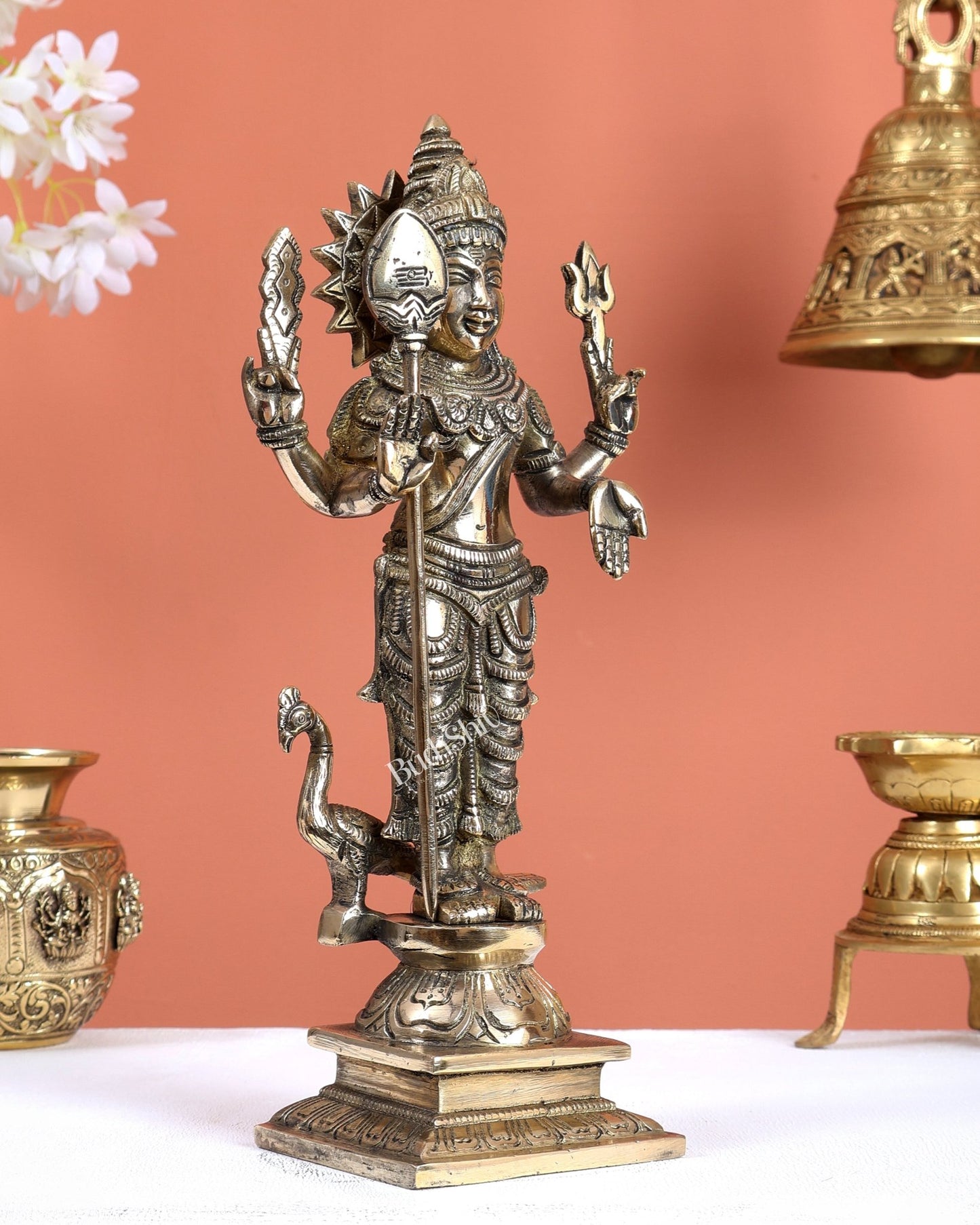 Brass Murugan Kartikeya Kumaraswamy Idol – Glossy Finish Divine Statue (12 Inches) - Budhshiv.com