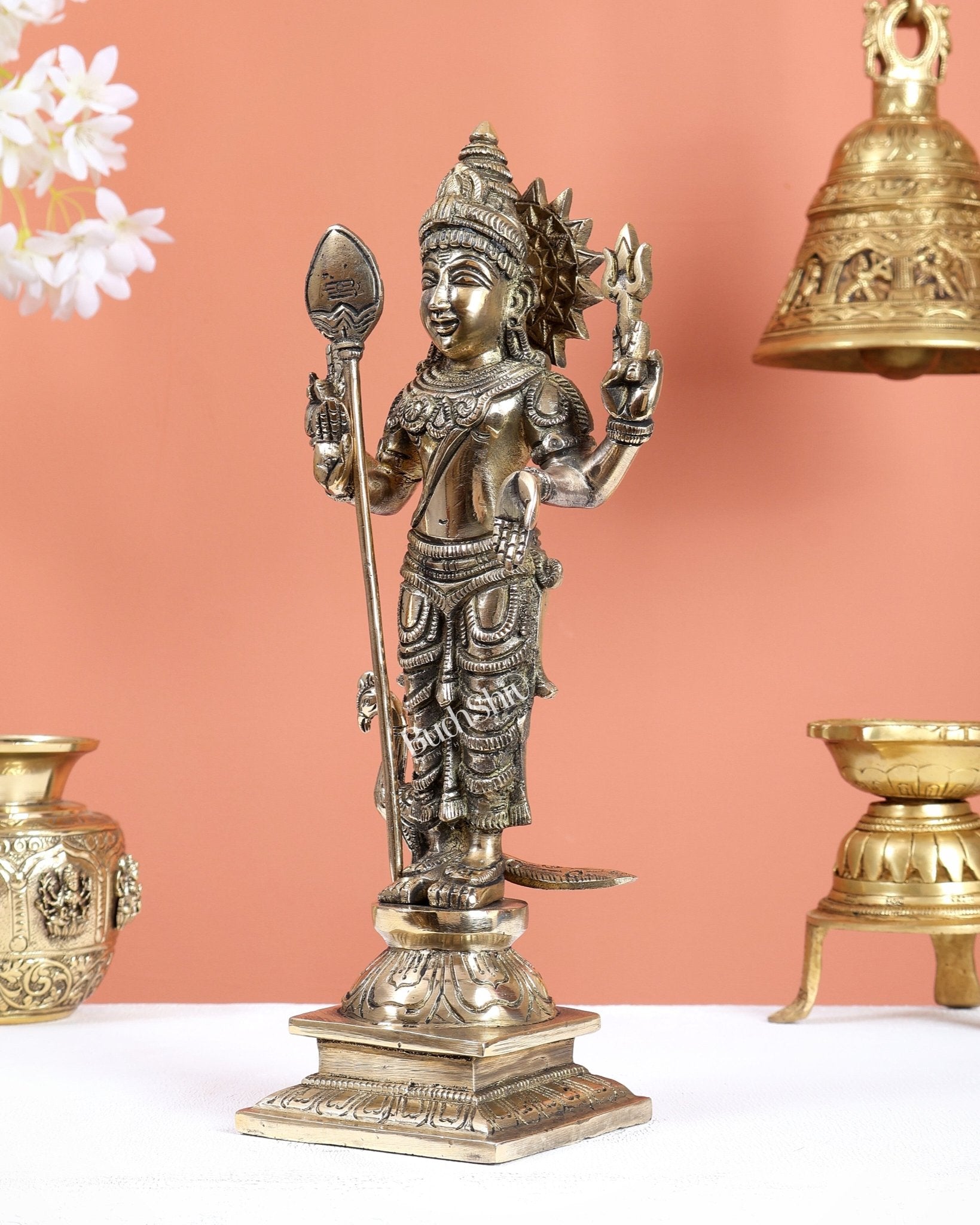 Brass Murugan Kartikeya Kumaraswamy Idol – Glossy Finish Divine Statue (12 Inches) - Budhshiv.com