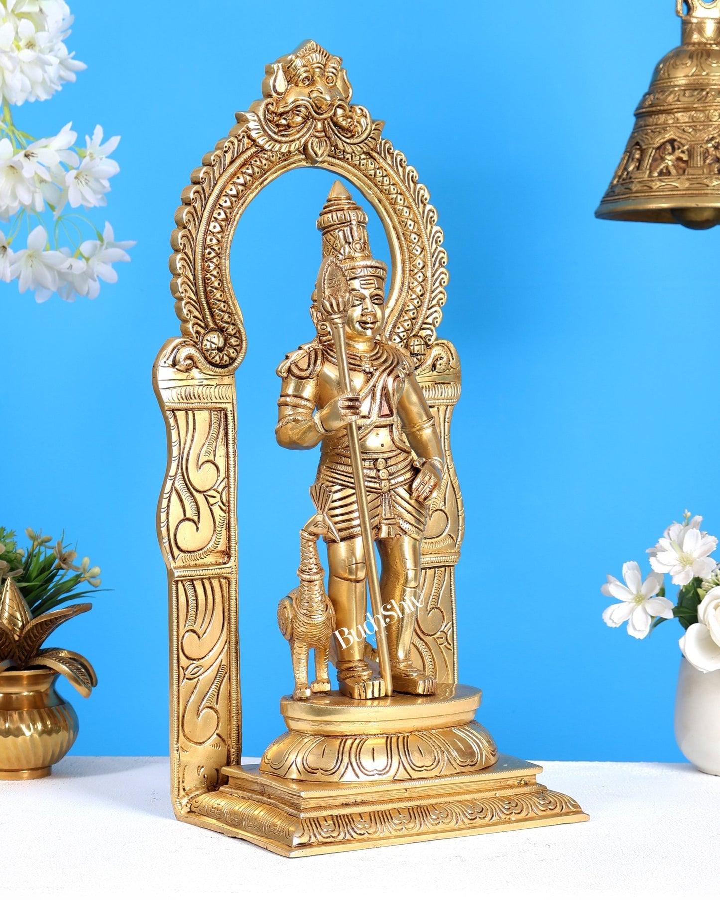 Brass Murugan Statue with Prabhavali – Divine Kartikeya Swamy Idol (17 Inches) - Budhshiv.com