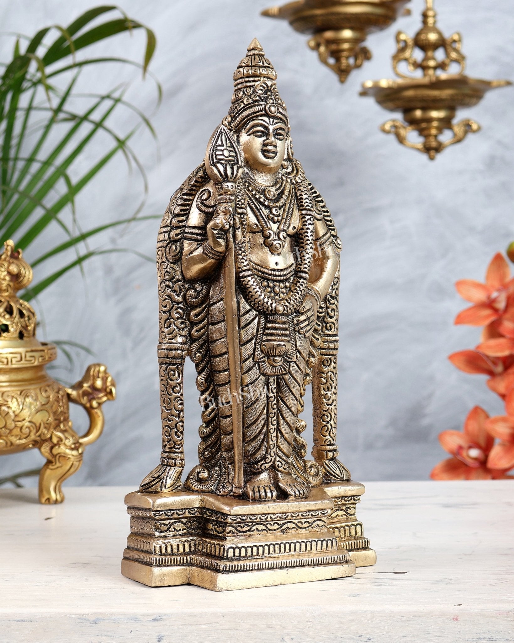 Brass Murugan Swamy Kartikeya Idol | Lord Subramanya Skanda Statue 10.5" - Budhshiv.com