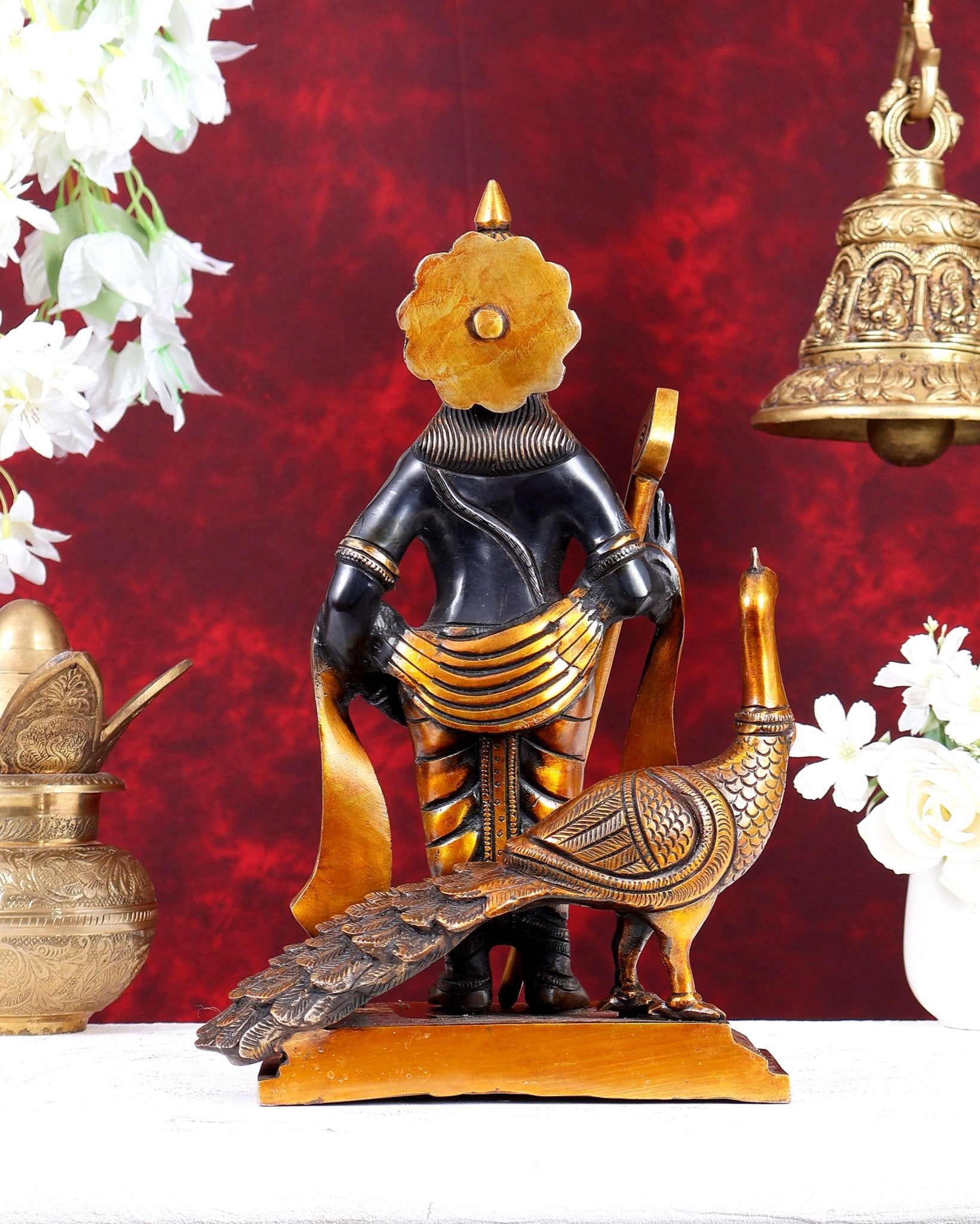 Brass Murugan Swamy with Peacock Idol – Black & Gold Finish Highly Detailed Lord Kartikeya Statue (13 Inch) - Budhshiv.com