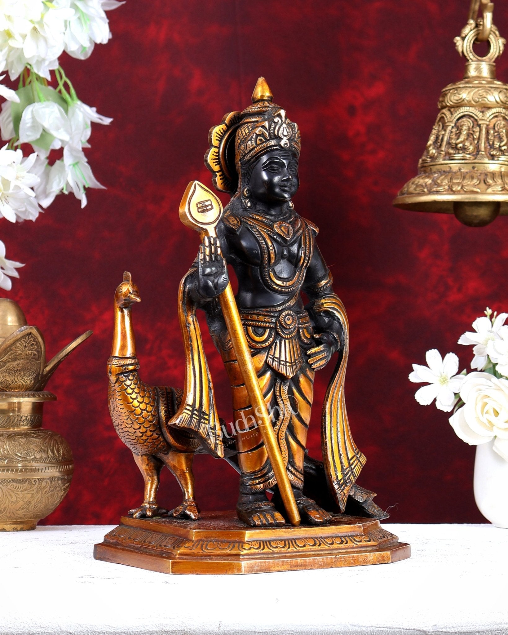 Brass Murugan Swamy with Peacock Idol – Black & Gold Finish Highly Detailed Lord Kartikeya Statue (13 Inch) - Budhshiv.com