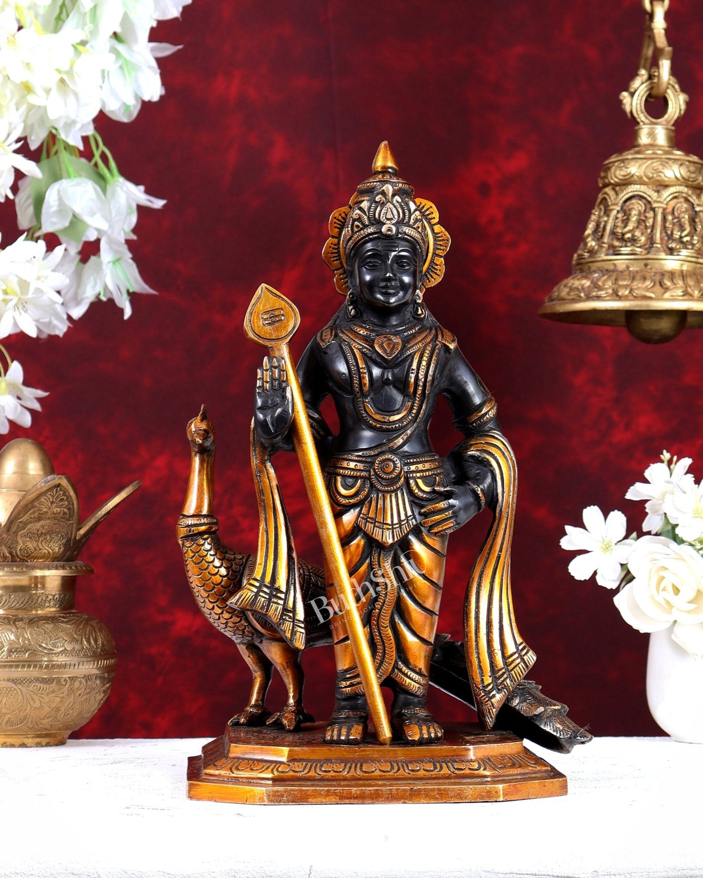 Brass Murugan Swamy with Peacock Idol – Black & Gold Finish Highly Detailed Lord Kartikeya Statue (13 Inch) - Budhshiv.com