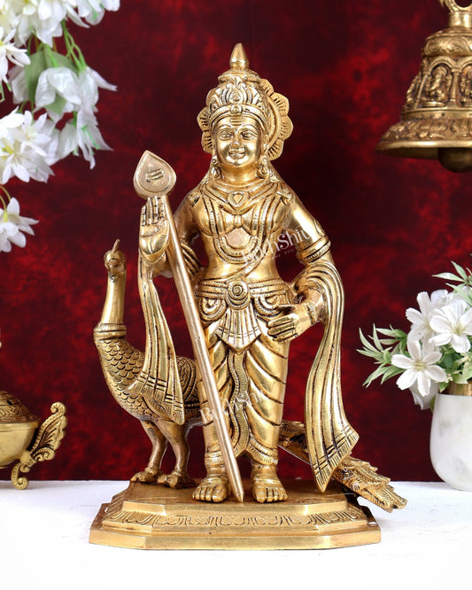 Brass Murugan Swamy with Peacock Idol – Highly Detailed Lord Kartikeya Statue (13 Inch) - Budhshiv.com