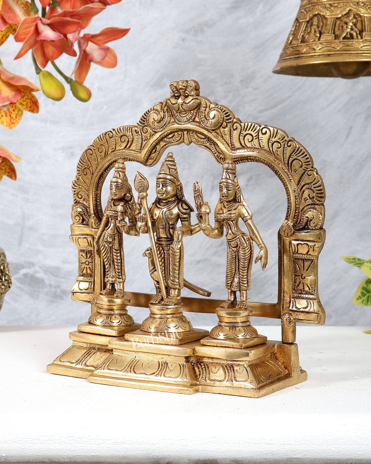 Brass Murugan Valli Deivayanai Idol Set with Prabhavali – 8.5” - Budhshiv.com