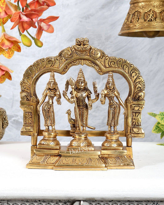 Brass Murugan Valli Deivayanai Idol Set with Prabhavali – 8.5” - Budhshiv.com