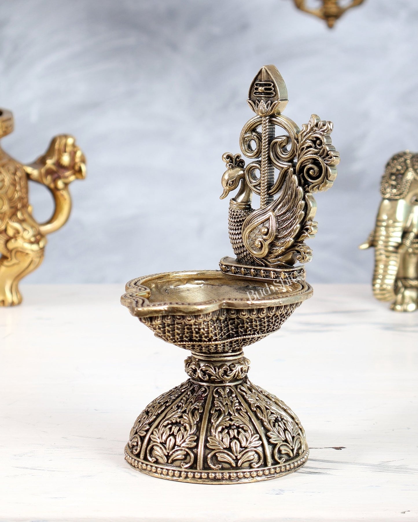 Brass Murugan Vel Peacock Oil Lamp | Kartikeya Deepam Spiritual Lamp 6" - Budhshiv.com